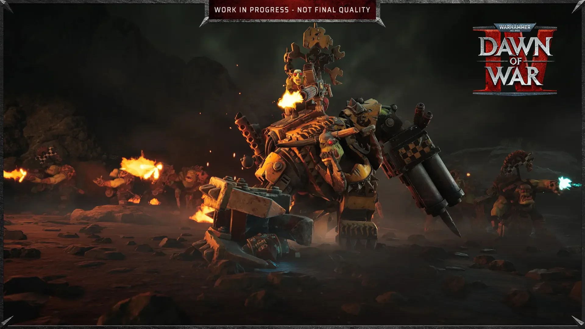 Official Warhammer 40,000: Dawn of War IV screenshot: an Ork walker with a heavy gun standing over burning wreckage, fires and debris in the foreground.