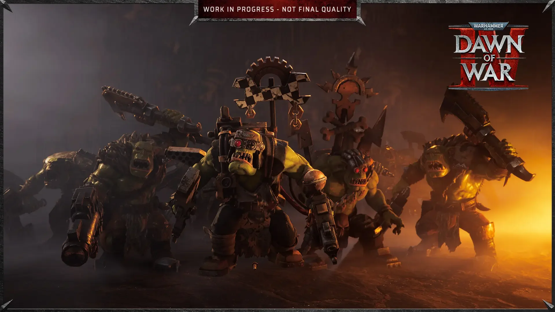 Official Warhammer 40,000: Dawn of War IV screenshot: a line of Ork warriors in heavy armour advancing towards the viewer against an orange sunset.