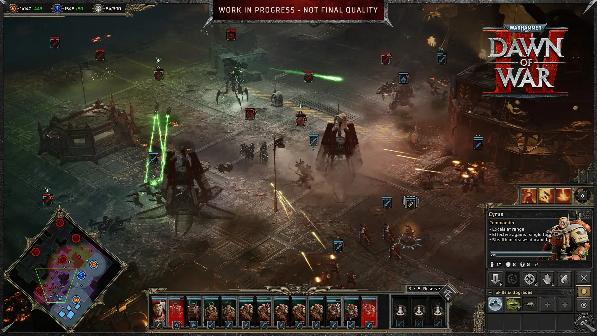 Official Warhammer 40,000: Dawn of War IV screenshot: a battle on dark ground lit by green energy beams, with the minimap, the unit bar and a commander panel open.