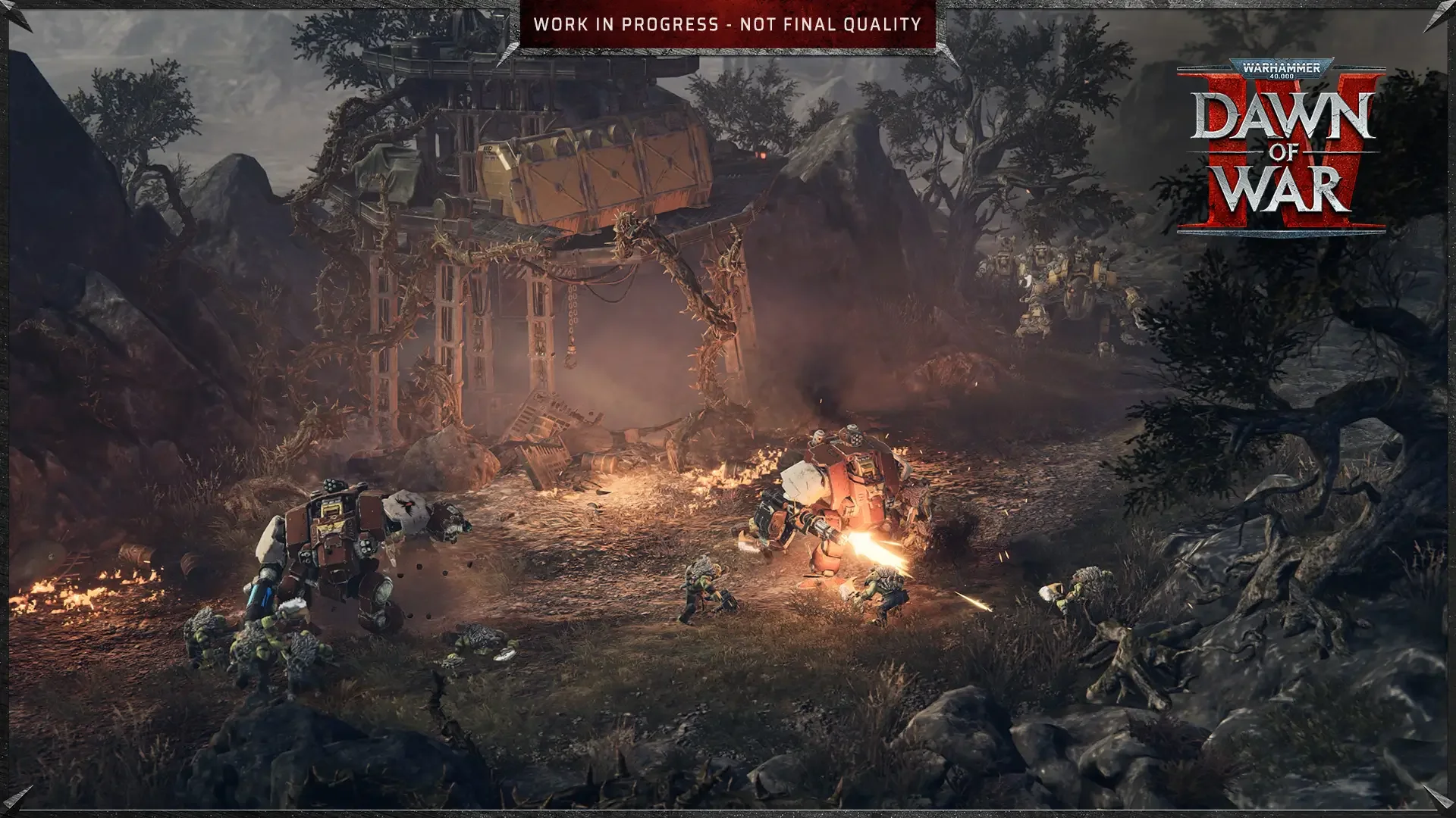 Official Warhammer 40,000: Dawn of War IV screenshot: a wide ruined stone archway in a misty green landscape, with small units fighting below it.