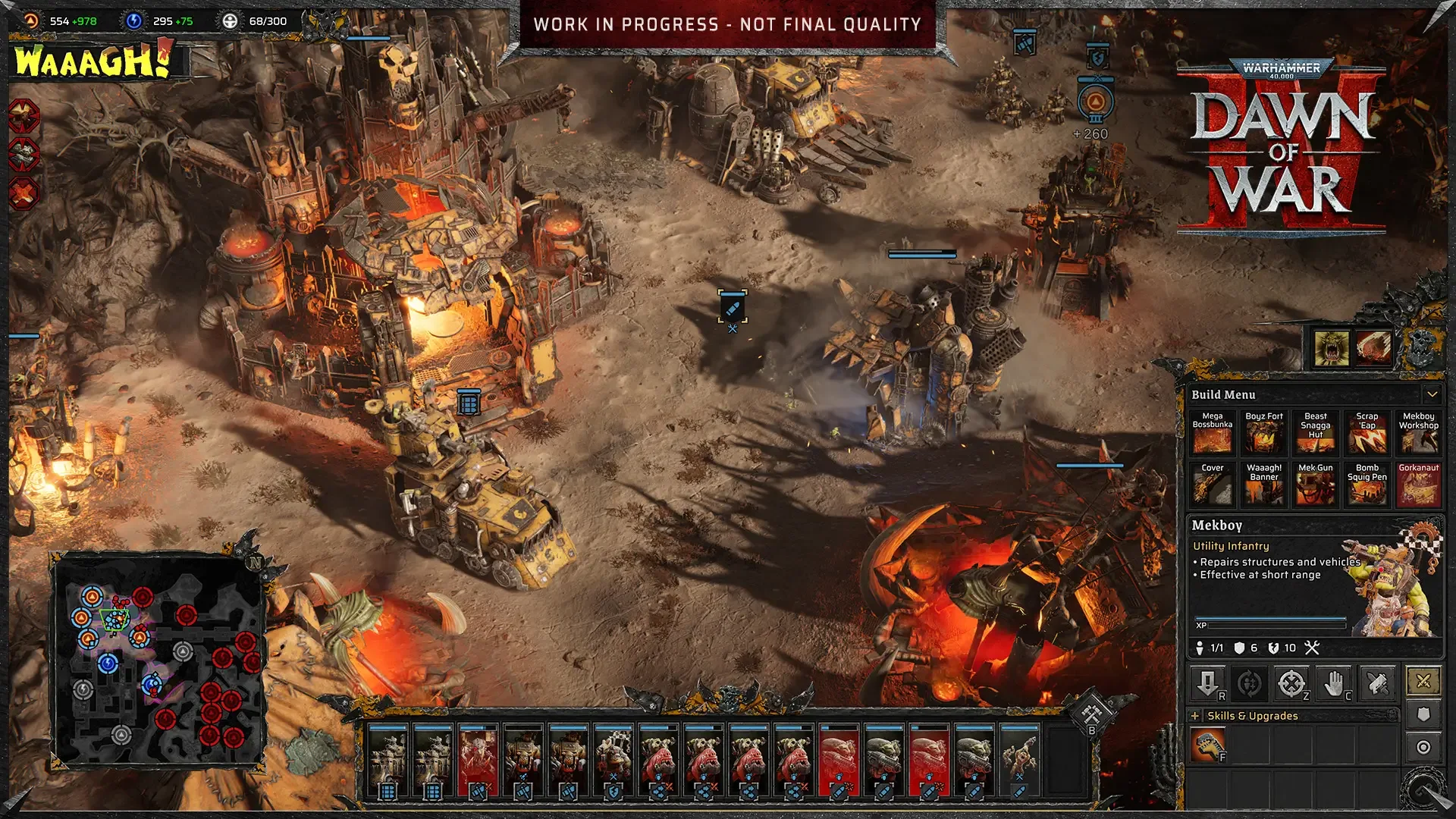 Official Warhammer 40,000: Dawn of War IV screenshot: a base of many structures and vehicles on rust-red desert ground, with the build menu open.