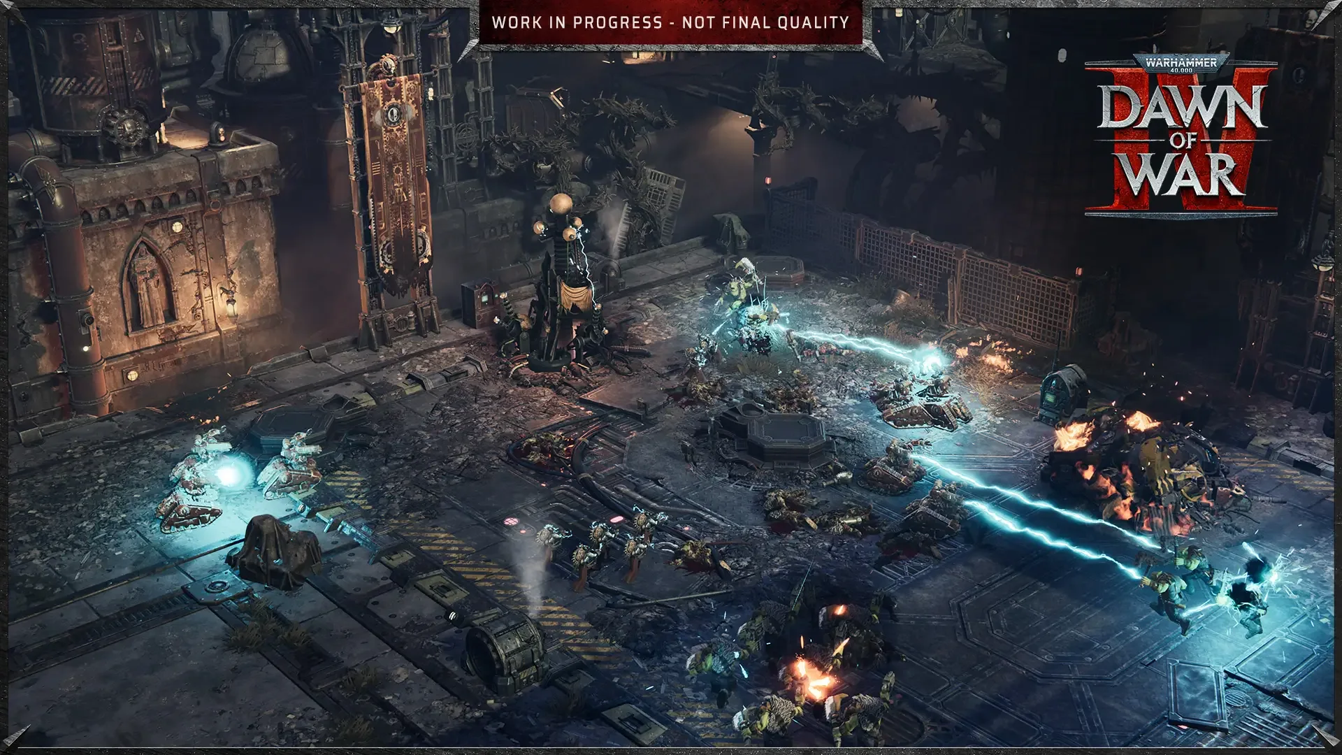 Official Warhammer 40,000: Dawn of War IV screenshot: a night battle in a ruined cathedral courtyard, crossed by bright blue energy beams.