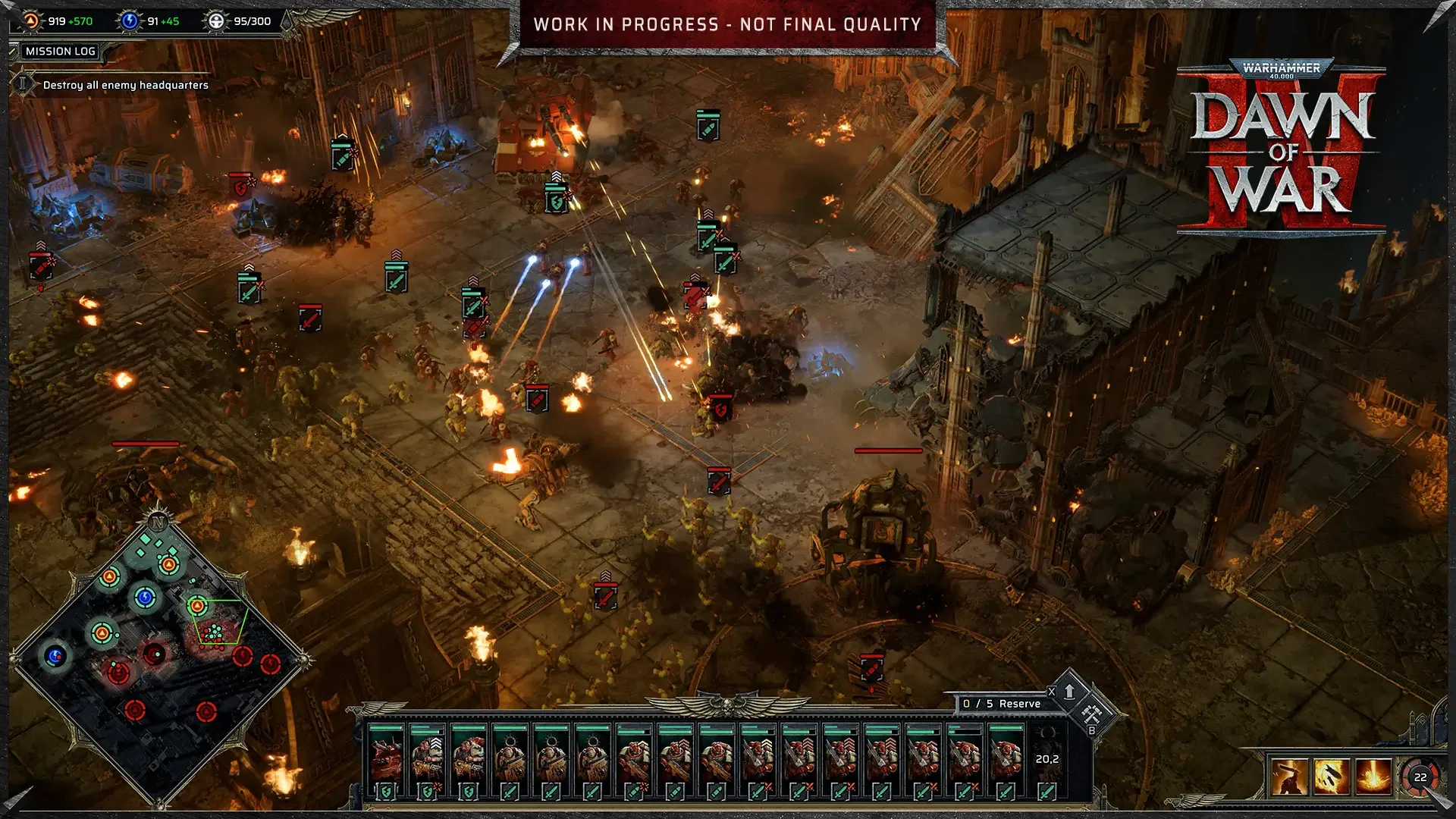 Official Warhammer 40,000: Dawn of War IV screenshot: a firefight inside a settlement behind wooden palisades, with the minimap and unit bar visible.