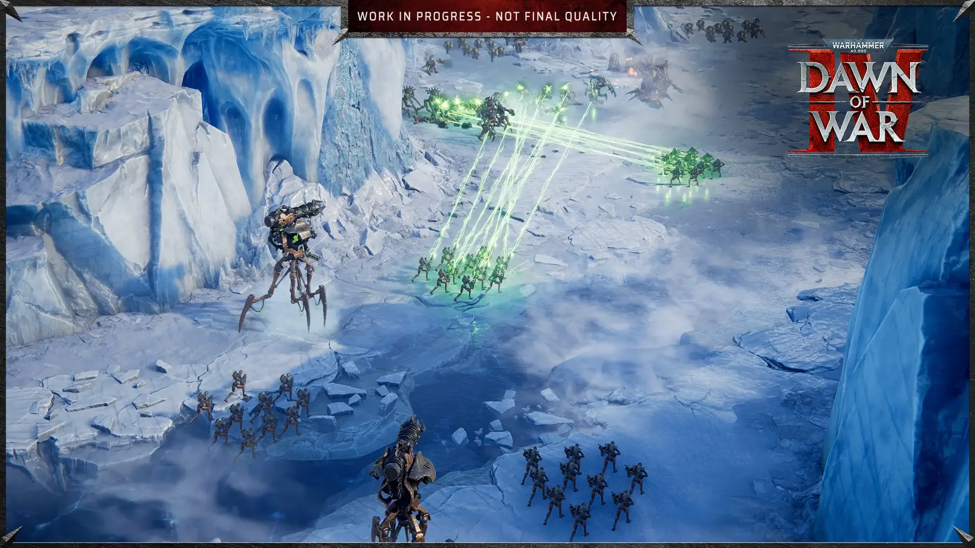 Official Warhammer 40,000: Dawn of War IV screenshot: a blue ice canyon where a walker fires green beams down at a line of advancing infantry.